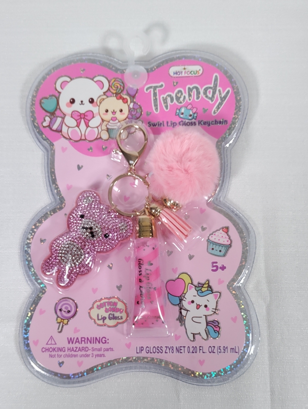 I098 Trendy Pink Pom-Puff Lip Gloss Keychain
